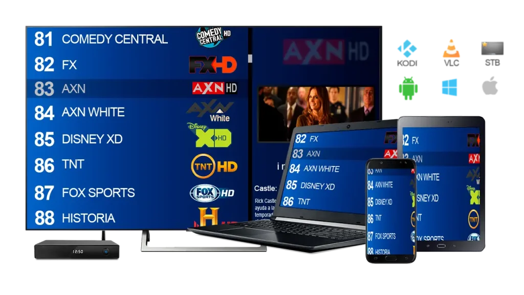 Xtream Codes IPTV interface showing popular channels like Comedy Central, AXN, and Fox Sports on TV, mobile, and tablet devices.